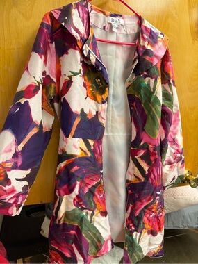 D&Y Vibrant Floral Watercolor Trench Coat in Pink, Purple & Green 100% silk